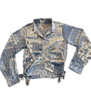 PROMESA Blue Bandana Paisley Patchwork Long Sleeve Ruched Drawstring Side Top